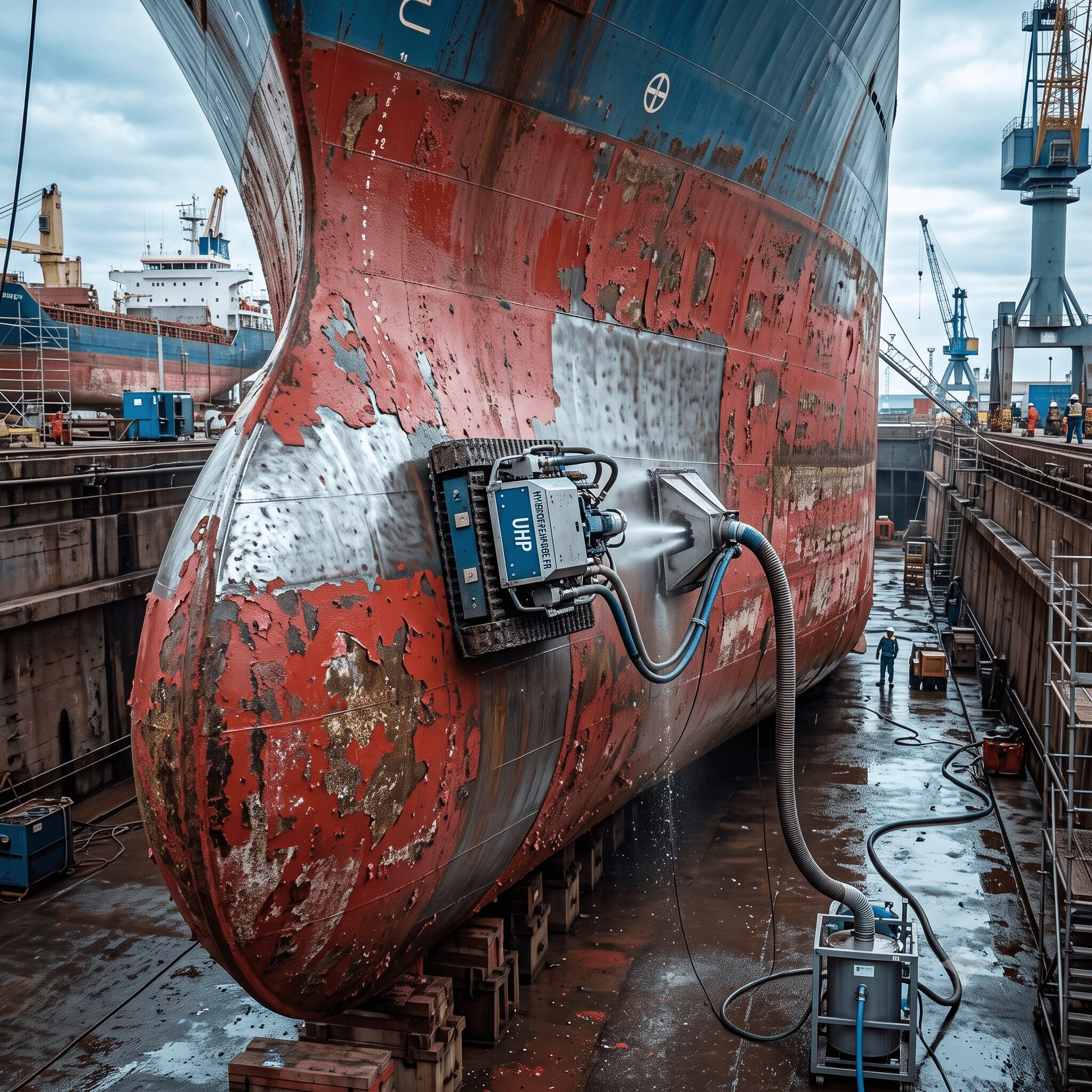 Photographie d'un carénage de navire en cale sèche : robot hydrodécapant magnétique autoporté décapant l'antifouling d'une coque en acier, contraste entre la peinture rouge écaillée et le métal nu, cloche d'aspiration captant les effluents, chantier naval en arrière-plan.