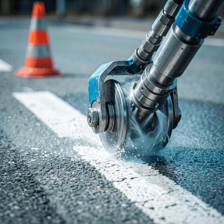 Gros plan d'une tête rotative d'hydro-effaçage UHP en action effaçant une bande de marquage blanc sur une chaussée, contraste net entre la portion effacée (bitume propre) et le marquage restant, fines projections d'eau, cône de balisage flou.