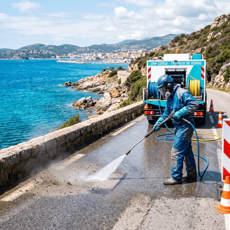 rénovation UHP d'une façade en granit d'un monument corse, ou hydro-texturation d'une route littorale à Ajaccio, mer Méditerranée en arrière-plan
