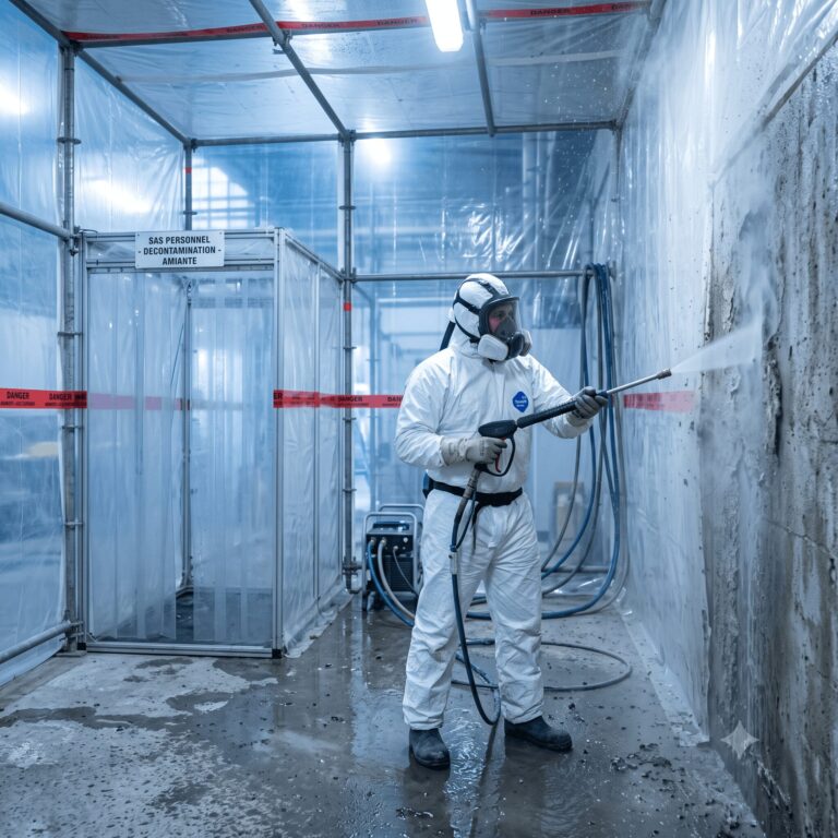 Photographie d'un chantier de désamiantage UHP sous confinement : opérateur en combinaison intégrale blanche et masque ventilé maniant une lance d'hydrodécapage, film polyane, sas de décontamination, brume d'eau captant les fibres.