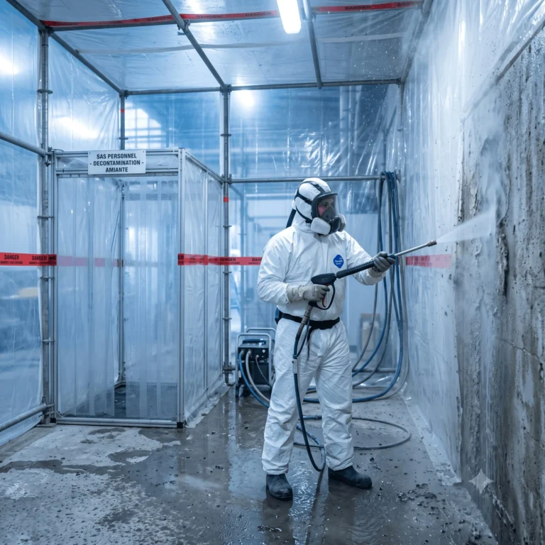 Photographie d'un chantier de désamiantage UHP sous confinement : opérateur en combinaison intégrale blanche et masque ventilé maniant une lance d'hydrodécapage, film polyane, sas de décontamination, brume d'eau captant les fibres.