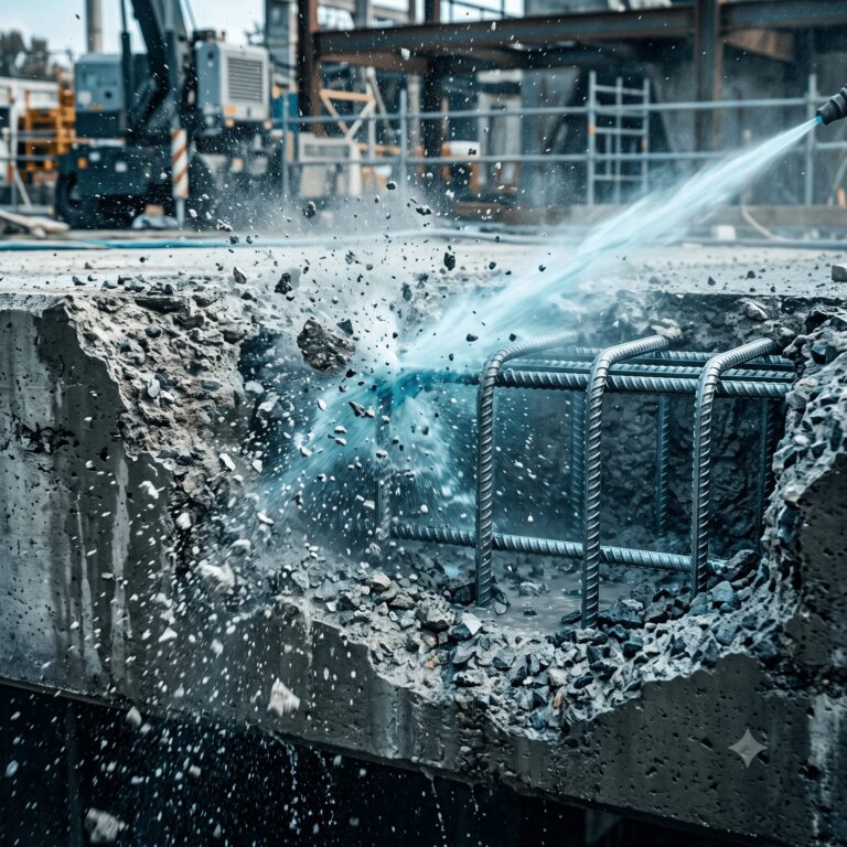 Photographie macro d'un ouvrage d'art en hydrodémolition du béton : jet d'eau UHP fragmentant le béton dégradé et révélant des armatures métalliques propres et intactes, contraste entre béton sain conservé et zone purgée, projections d'eau et gravats.