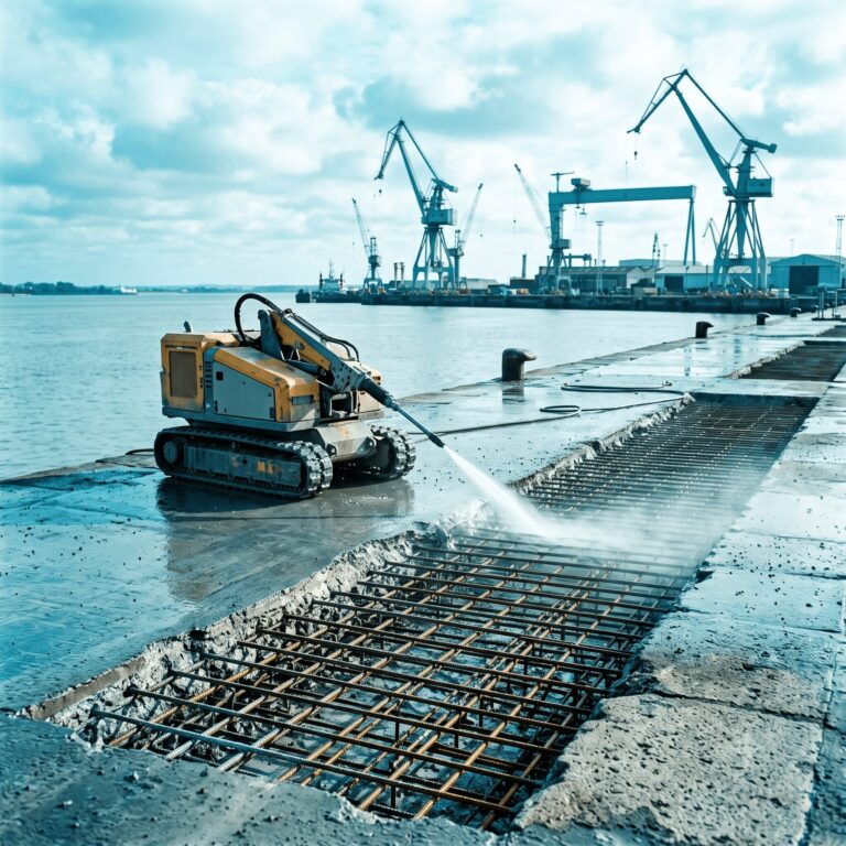 Photographie d'un chantier d'hydrodécapage sur un quai portuaire ou ouvrage d'art à Bordeaux en Nouvelle-Aquitaine : robot hydrodécapant révélant les armatures métalliques, structures béton en bord d'estuaire, grues portuaires en arrière-plan.