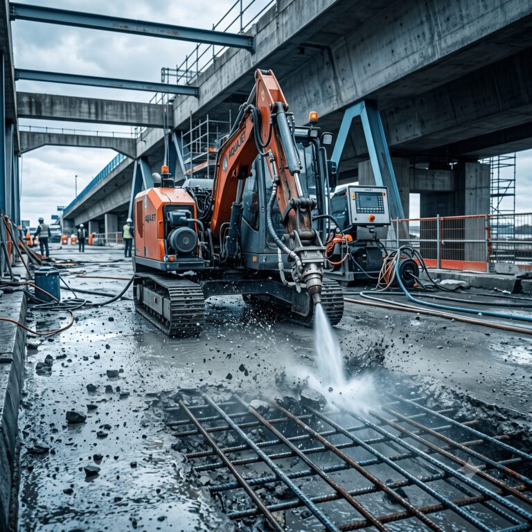 Photographie de chantier de génie civil : robot hydrodémolisseur autoporté décapant le béton dégradé d'un tablier de pont, armatures métalliques mises à nu et propres, puissant jet d'eau UHP, gravats de béton et eau, structure d'ouvrage d'art.