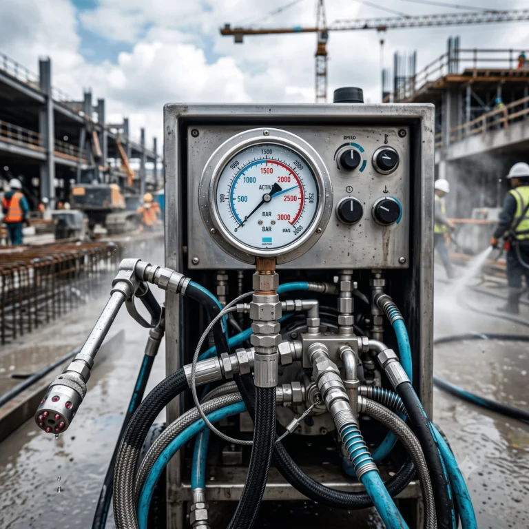 Gros plan technique d'une centrale d'hydrodécapage Ultra Haute Pression : groupe motopompe insonorisé, manomètre affichant une pression élevée, flexibles haute pression tressés d'acier, buses en saphir.