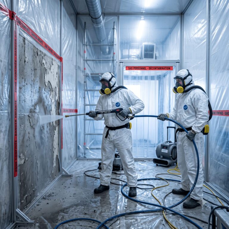 Photographie d'un chantier de désamiantage sous confinement : opérateurs en combinaison intégrale blanche et masque ventilé, sas de décontamination, film polyane, lance d'hydrodécapage UHP décapant une surface, brume d'eau captée.