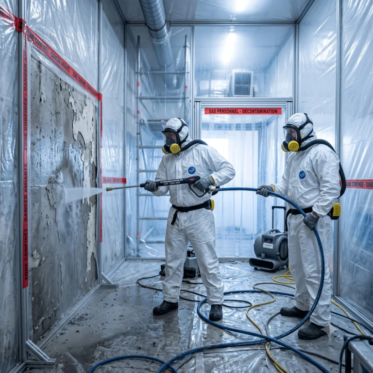 Photographie d'un chantier de désamiantage sous confinement : opérateurs en combinaison intégrale blanche et masque ventilé, sas de décontamination, film polyane, lance d'hydrodécapage UHP décapant une surface, brume d'eau captée.