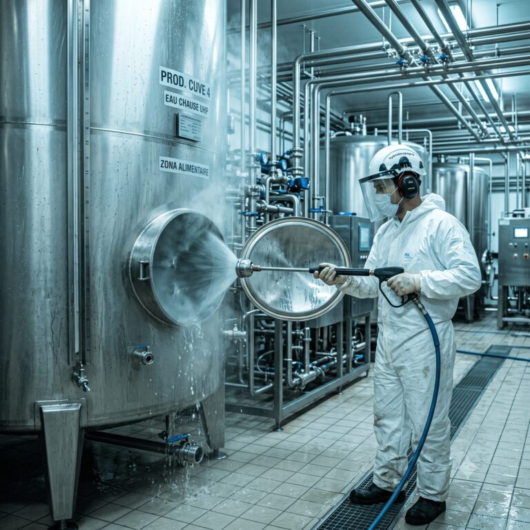 Photographie industrielle : nettoyage UHP d'une cuve inox d'usine agroalimentaire en Bourgogne, jets rotatifs, environnement de production propre, tuyauterie inox.