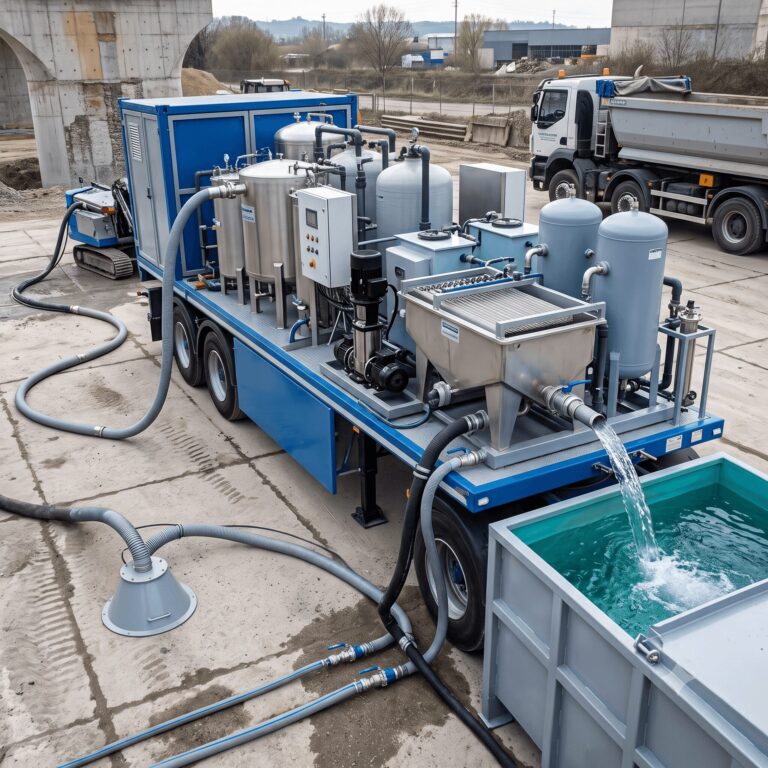 unité mobile de filtration et décantation des effluents sur un chantier d'hydrodécapage, cuves de traitement, tuyaux, eau claire recyclée qui s'écoule, cloche d'aspiration au sol.