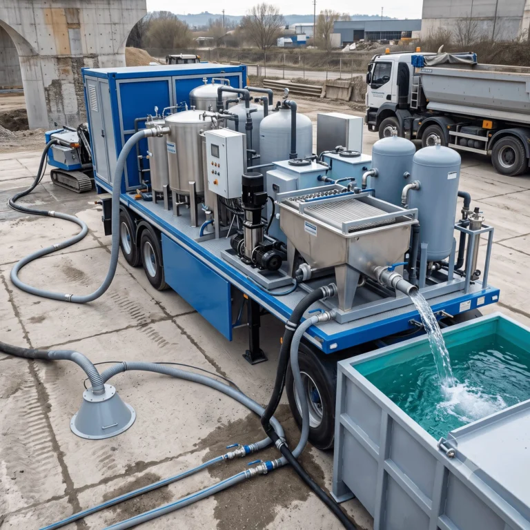 unité mobile de filtration et décantation des effluents sur un chantier d'hydrodécapage, cuves de traitement, tuyaux, eau claire recyclée qui s'écoule, cloche d'aspiration au sol.