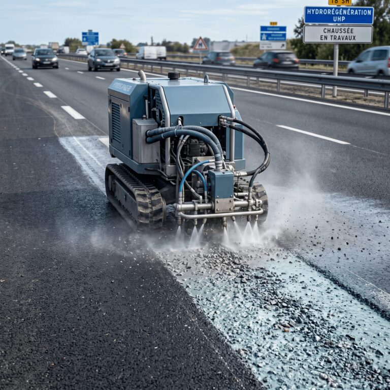 Photographie d'une chaussée en cours d'hydrodécapage enrobés: robot hydrodécapant révélant les granulats d'origine sur une bande traitée, contraste entre l'asphalte ressué noir et lisse et la zone régénérée rugueuse et claire, fines projections d'eau.