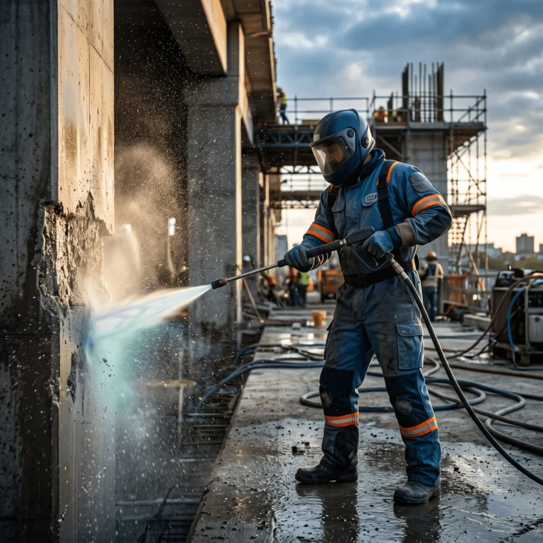 Un opérateur en combinaison de protection anti-jet et casque intégral à visière dirige une lance d'hydrodécapage Ultra Haute Pression sur une dalle de béton d'un ouvrage d'art. Puissant jet d'eau blanc pulvérisé, fines gouttelettes en suspension éclairées à contre-jour, lumière rasante de fin de journée, ambiance chantier de génie civil, dominante bleu acier et cyan, très haute netteté, profondeur de champ courte.