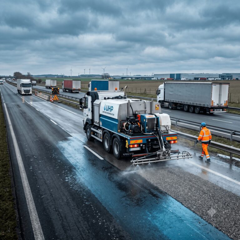 Photographie d'un atelier mobile UHP régénérant une chaussée d'autoroute logistique à Lille dans les Hauts-de-France, contraste entre bitume ressué et zone régénérée, poids lourds au loin, ciel du Nord.