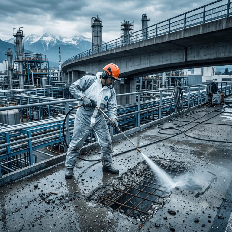 Photographie industrielle : intervention d'hydrodécapage UHP dans le couloir de la chimie à Lyon, tuyauterie de raffinerie, technicien à la lance, ou tablier de pont alpin en hydrodémolition. Dominante acier et cyan, ambiance industrielle, haute netteté