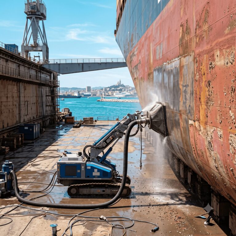 Photographie d'un carénage de navire en cale sèche à Marseille : robot d'hydrodécapage décapant l'antifouling d'une coque, cloche d'aspiration, grand port maritime et mer Méditerranée en arrière-plan.