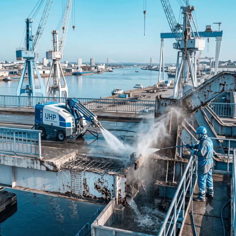 Photographie d'un chantier naval ou de génie civil autour de l'estuaire de la Loire à Nantes : hydrodécapage UHP d'une structure acier ou hydrodémolition d'un ouvrage, grues et Loire en arrière-plan.