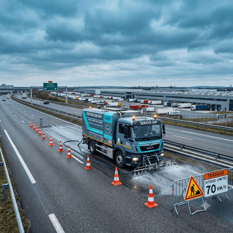 Photographie d'une hydro-texturation d'autoroute en Centre-Val de Loire : atelier mobile UHP restaurant l'adhérence d'une chaussée, balisage, plateforme logistique géante au loin. 