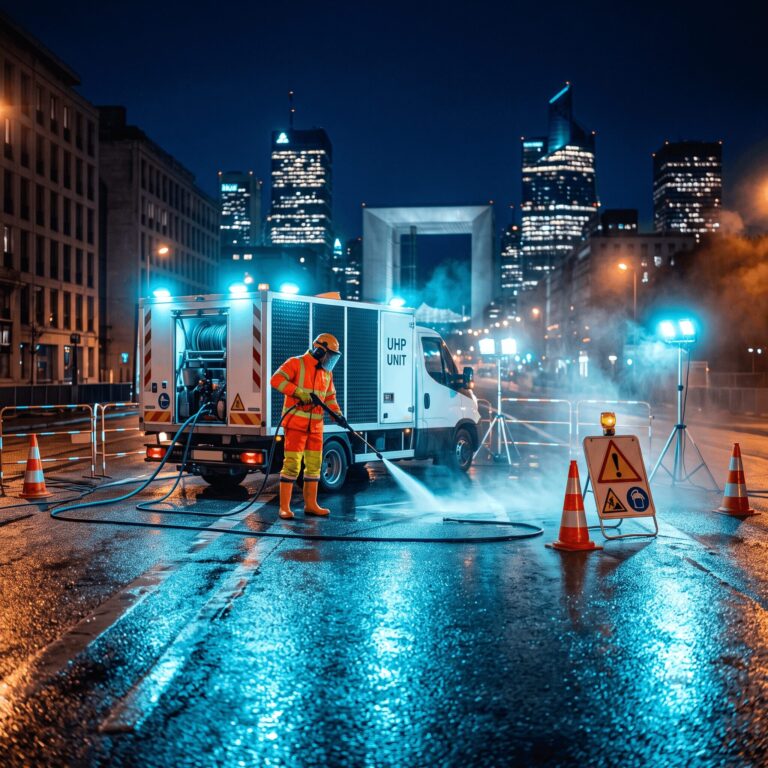 Photographie d'un chantier d'hydrodécapage nocturne à Paris : atelier mobile UHP super-insonorisé décapant la chaussée près d'un quartier d'affaires type La Défense, éclairage urbain, balisage, brume d'eau, tours en arrière-plan.