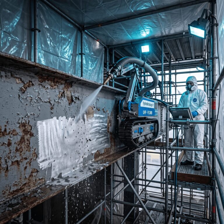 Photographie d'un décapage de peinture au plomb par UHP sur une structure métallique (pont, charpente) : robot magnétique autoporté révélant l'acier nu métal blanc, contraste avec l'ancienne peinture écaillée, paillettes humides captées, échafaudage confiné.