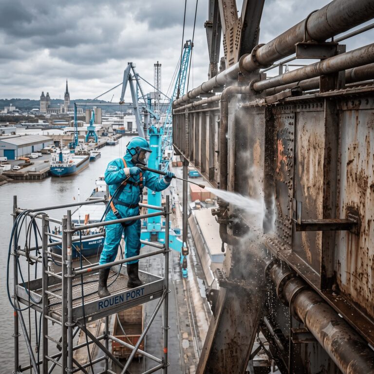maintenance UHP dans une raffinerie de la vallée de la Seine, tuyauterie et échangeurs, ou hydrodécapage d'une structure portuaire à Rouen
