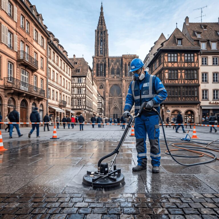 Photographie d'un hydrodécapage nettoyage urbain UHP à Strasbourg : éco-nettoyage de pavés et pierres naturelles d'un parvis historique, cloche d'aspiration, architecture alsacienne en arrière-plan.