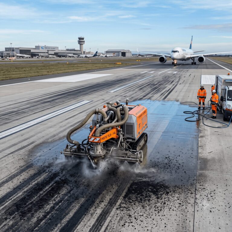 robot dégommeur UHP nettoyant la zone de touchdown d'une piste à Toulouse-Blagnac, contraste gomme noire / béton clair, avion au loin