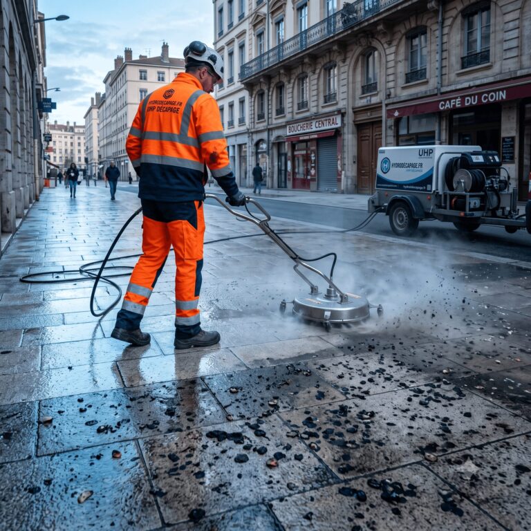 opérateur avec une cloche de lavage UHP nettoyant un trottoir en dalles de pierre couvert de chewing-gums noircis, contraste net entre la zone sale et la zone nettoyée éclatante, centre-ville historique en arrière-plan.