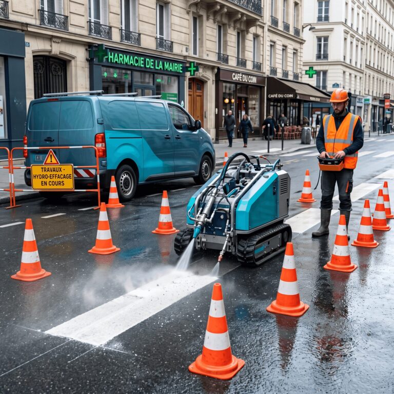 Photographie d'un atelier mobile robotisé d'hydrodécapage voirie sur une chaussée urbaine, jet d'eau UHP effaçant une bande de marquage blanc, balisage de chantier, cônes, opérateur en gilet haute visibilité.