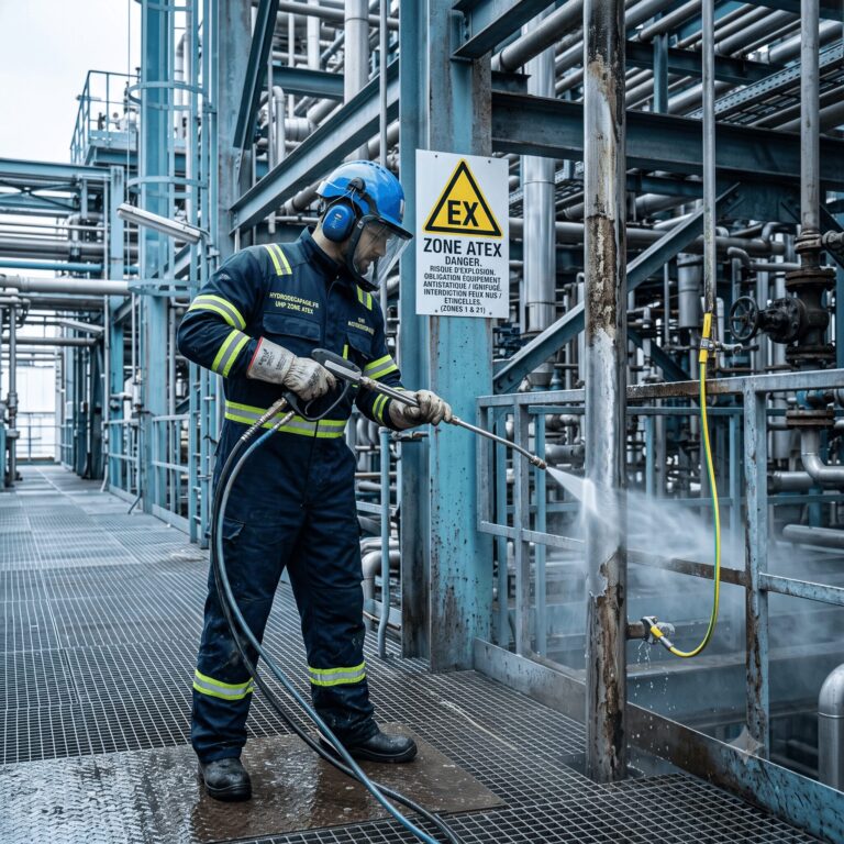 Photographie d'une intervention d'hydrodécapage en zone ATEX de raffinerie : opérateur en combinaison antistatique ignifugée maniant une lance UHP hydro-pneumatique sur une tuyauterie, panneau de signalisation zone ATEX, liaison de mise à la terre visible, atmosphère industrielle sensible.
