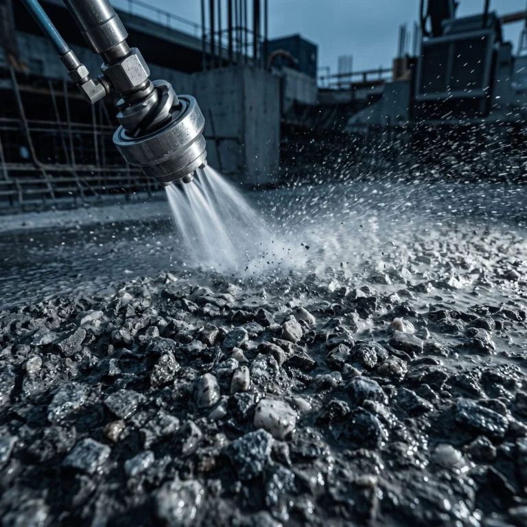 Photographie macro d'une surface de béton après hydro-scarification UHP : macrotexture rugueuse aux granulats saillants et propres formant des clés d'accroche, buse rotative orbitale en action, fines projections d'eau.