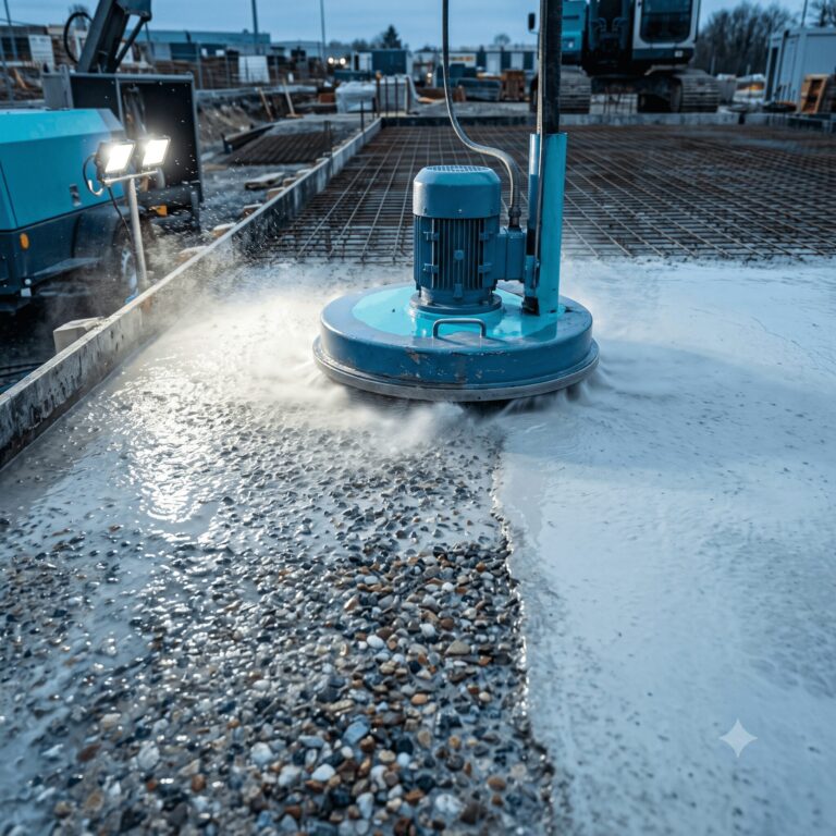Photographie technique d'une dalle de béton en cours de lavage de laitance UHP : cloche de lavage révélant le squelette granulaire propre et rugueux, contraste avec la laitance blanchâtre non traitée, fines projections d'eau.