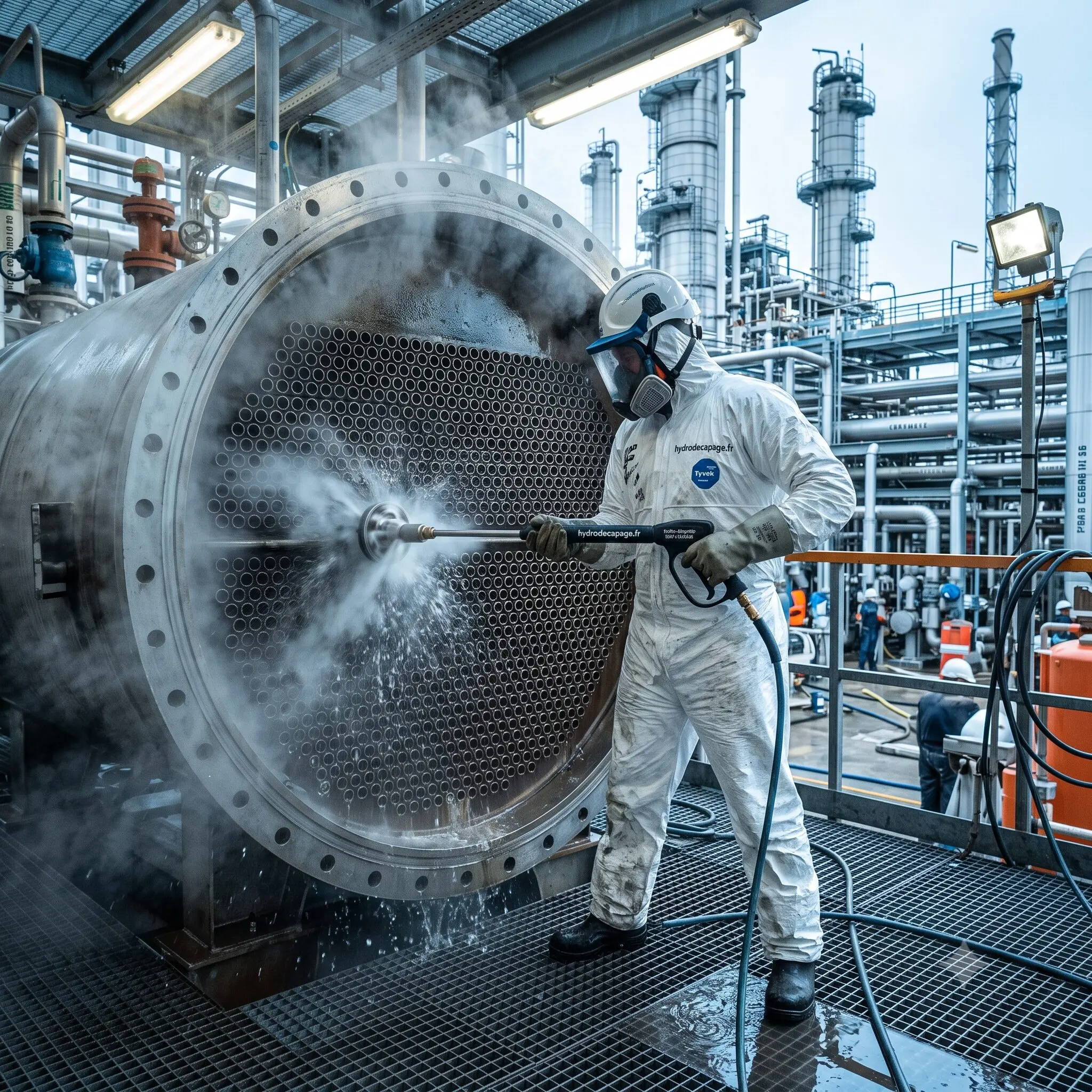 Photographie industrielle : technicien nettoyant l'intérieur d'un grand échangeur thermique / faisceau tubulaire avec une lance UHP à buses rotatives, vapeur d'eau, tuyauterie de raffinerie en arrière-plan, environnement pétrochimique.