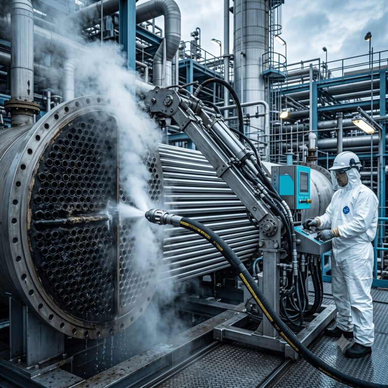 lance flexible à buse rotative auto-propulsée pénétrant les tubes d'un faisceau tubulaire d'échangeur thermique, contraste entre tubes obstrués de calamine et tubes nettoyés brillants, système de tringlage hydraulique automatisé, vapeur d'eau