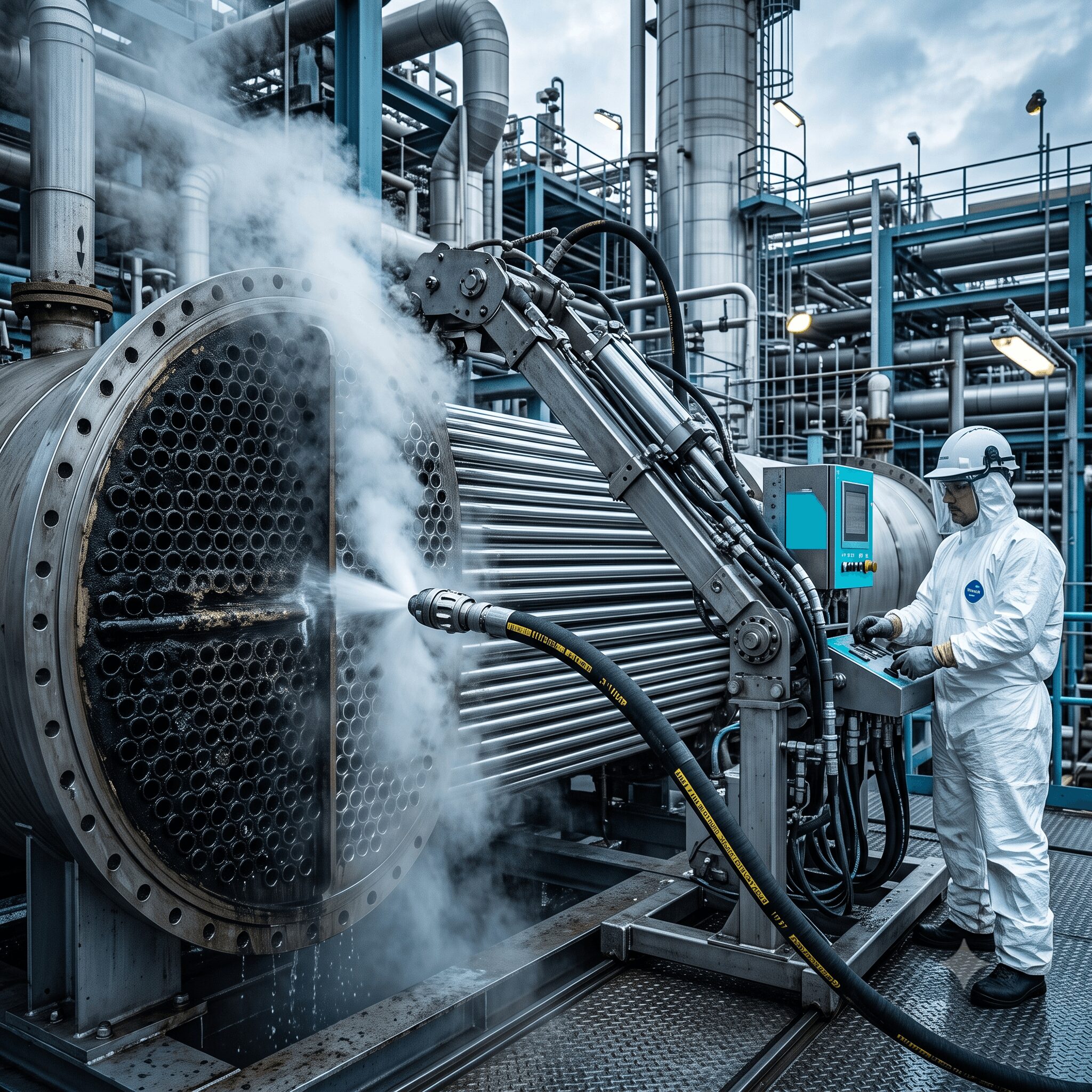 lance flexible à buse rotative auto-propulsée pénétrant les tubes d'un faisceau tubulaire d'échangeur thermique, contraste entre tubes obstrués de calamine et tubes nettoyés brillants, système de tringlage hydraulique automatisé, vapeur d'eau
